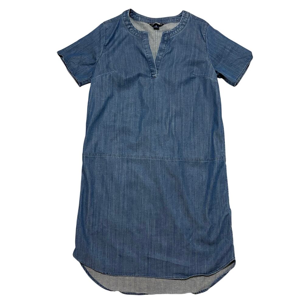 Lands' End Denim Lyocell Shift Dress Womens 8 Blue Chambray Tunic Short Sleeve